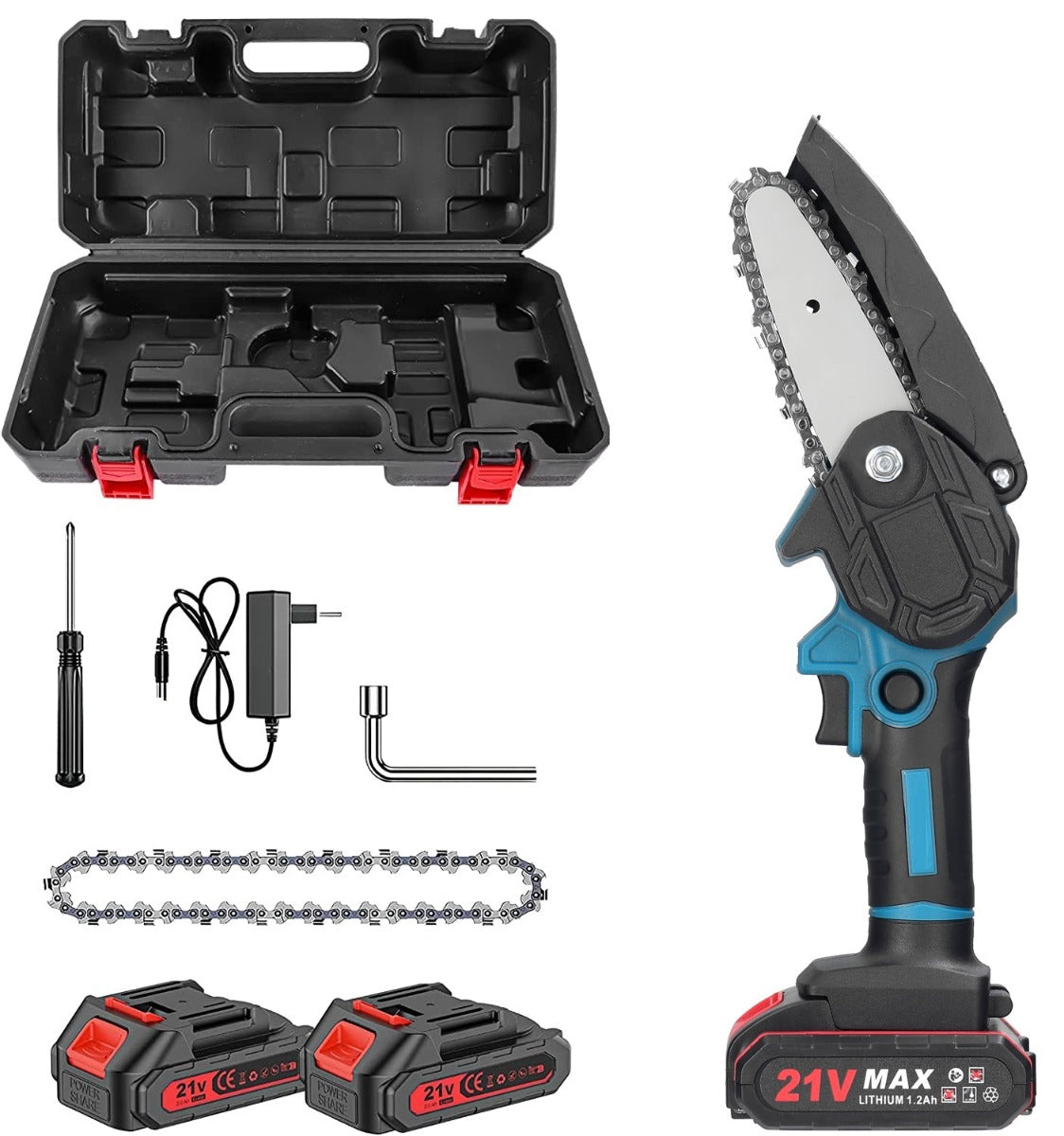 Mini motosega da potatura a batteria 21v lama da 4 pollici con valigetta e due batterie