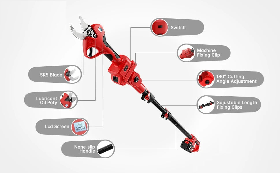 Kit potatura a batterie forbice cesoie con 2 batterie e motosega 6" con asta telescopica