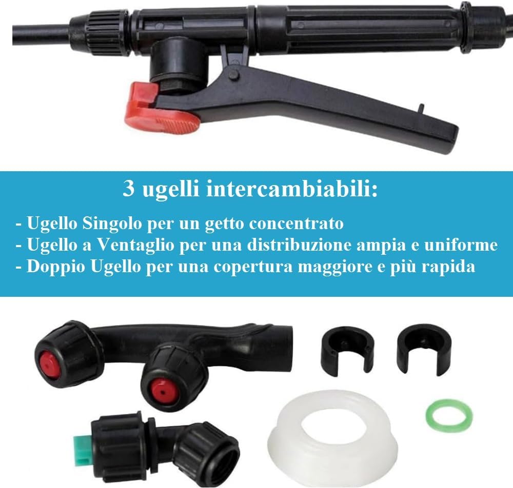 Pompa a Pressione Manuale per Giardinaggio, Serbatoio 16 Litri, Nebulizzatore a Spalla con 3 Ugelli Intercambiabili, Valvola di Sfiato, Leva Erogatrice e Tappo con Filtro