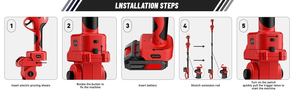 Kit potatura a batterie forbice cesoie con 2 batterie e motosega 6" con asta telescopica