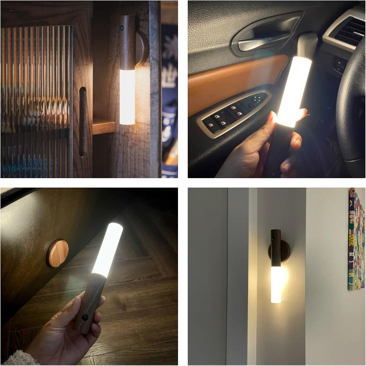 Luce Notturna LED con Sensore di Movimento e Base Magnetica, Applique da Parete in Legno Ricaricabile