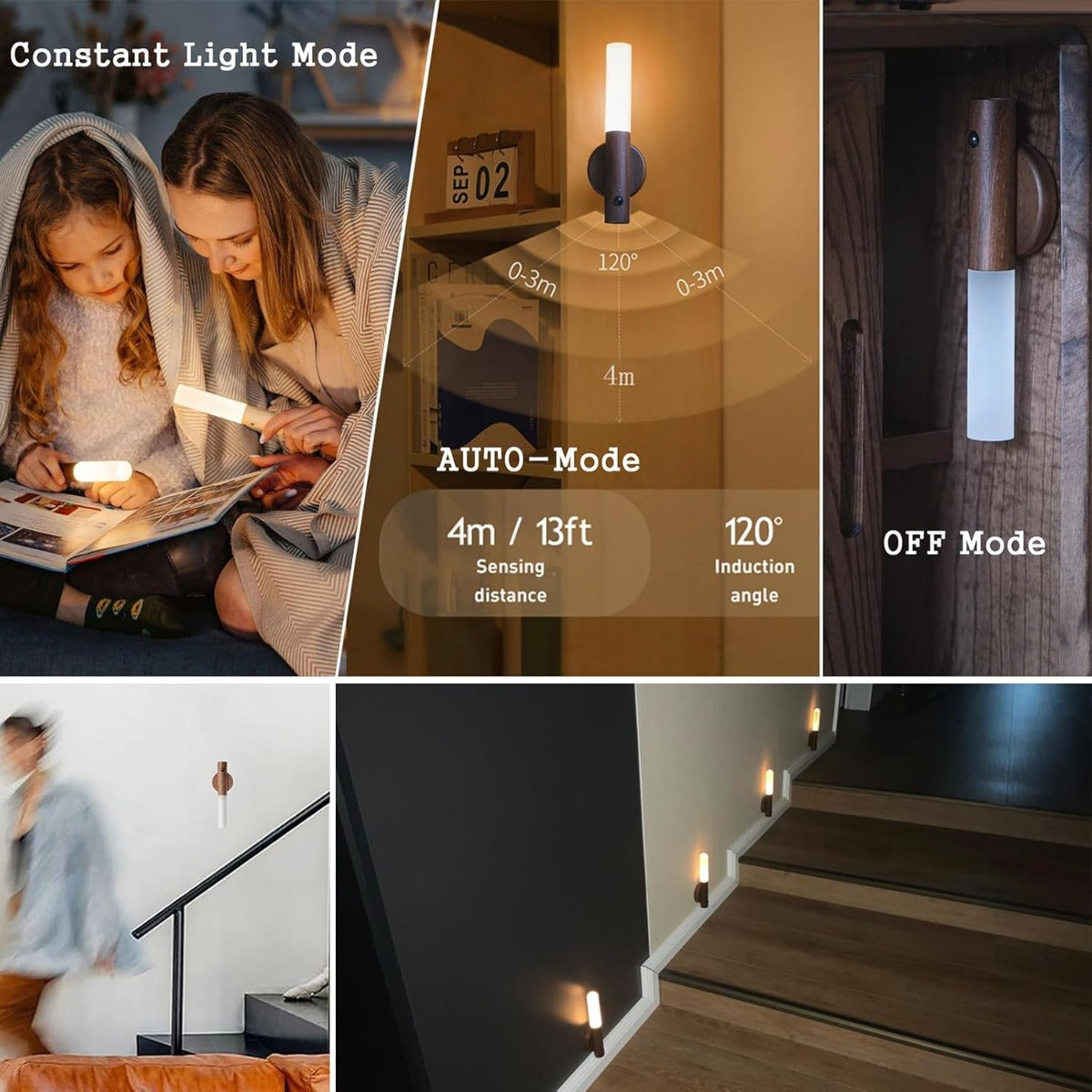 Luce Notturna LED con Sensore di Movimento e Base Magnetica, Applique da Parete in Legno Ricaricabile
