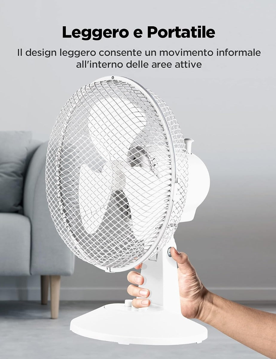 Ventilatore da Tavolo Silenzioso 25W – 2 Velocità, Oscillazione 80°, Compatto e Portatile