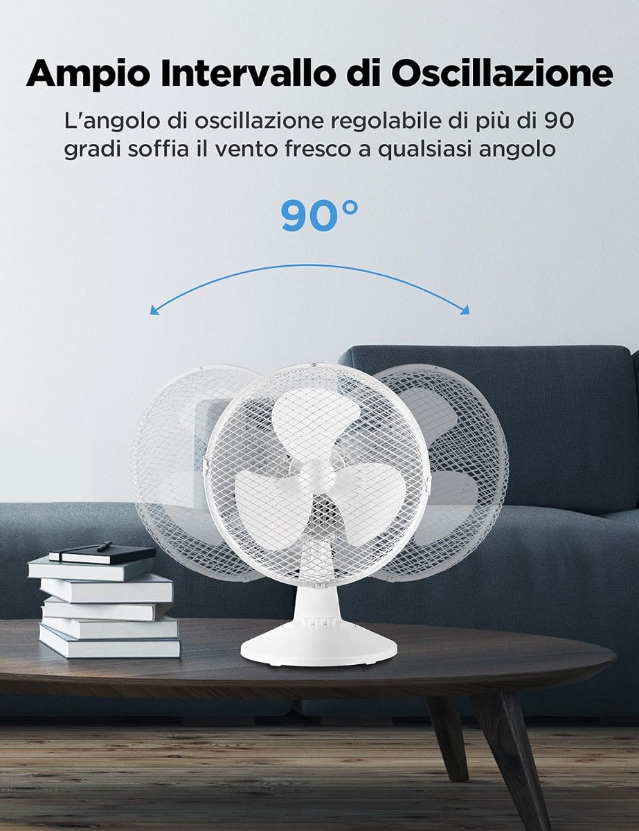 Ventilatore da Tavolo Silenzioso 25W – 2 Velocità, Oscillazione 80°, Compatto e Portatile