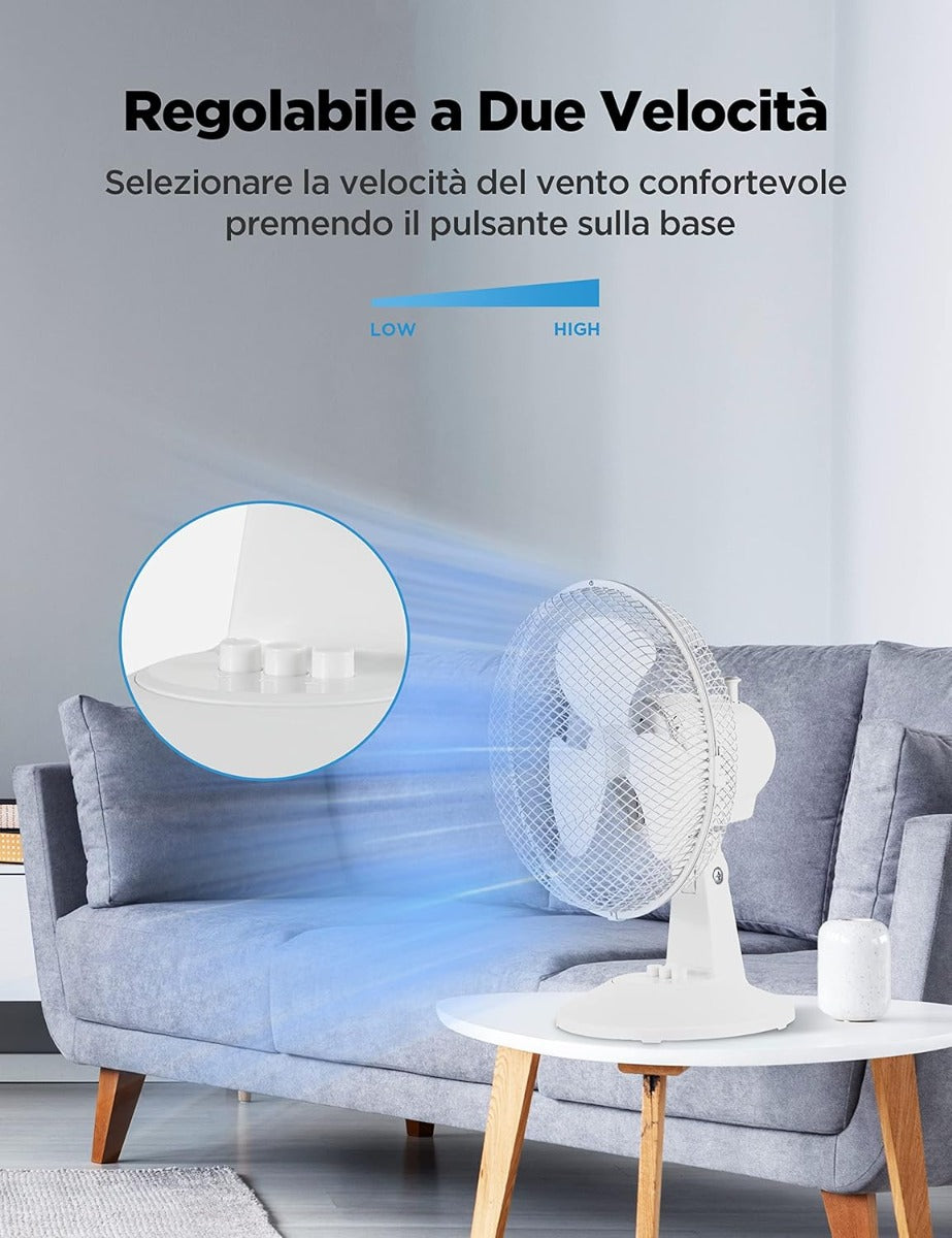 Ventilatore da Tavolo Silenzioso 25W – 2 Velocità, Oscillazione 80°, Compatto e Portatile
