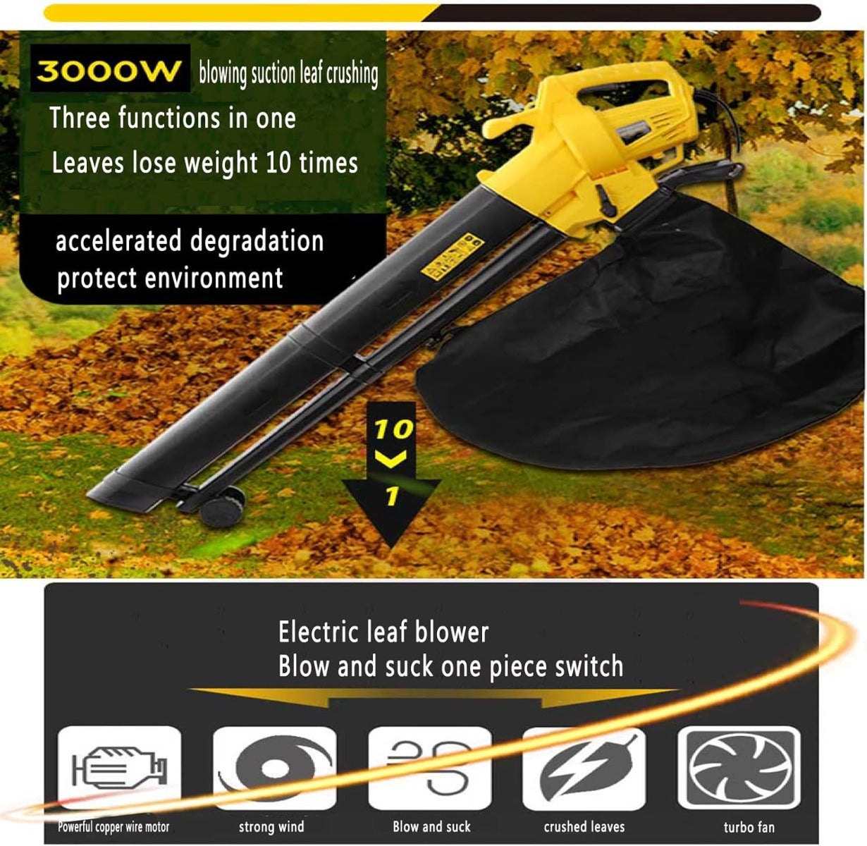 Soffiatore Elettrico 3000 W 3 in 1: Aspirafoglie, Trituratore e Soffiatore con Velocità Variabile