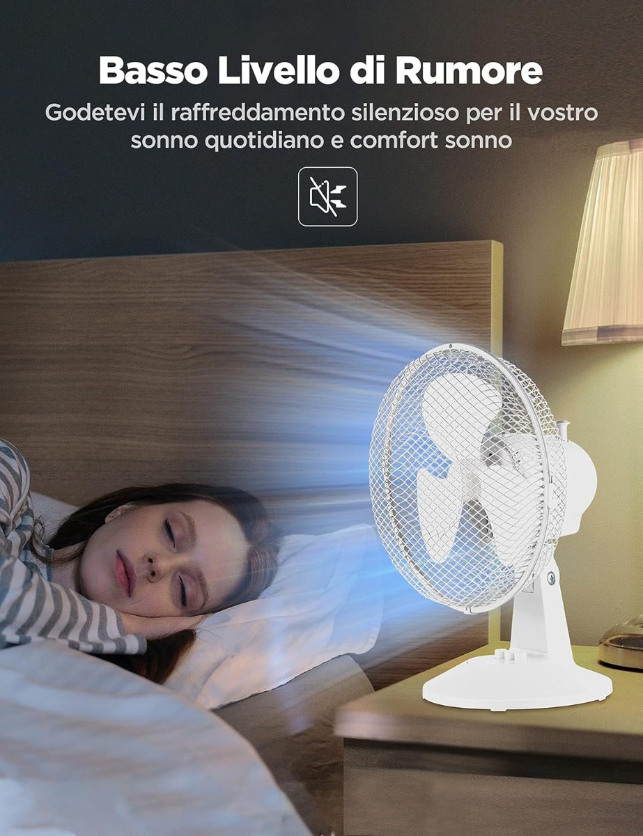 Ventilatore da Tavolo Silenzioso 25W – 2 Velocità, Oscillazione 80°, Compatto e Portatile