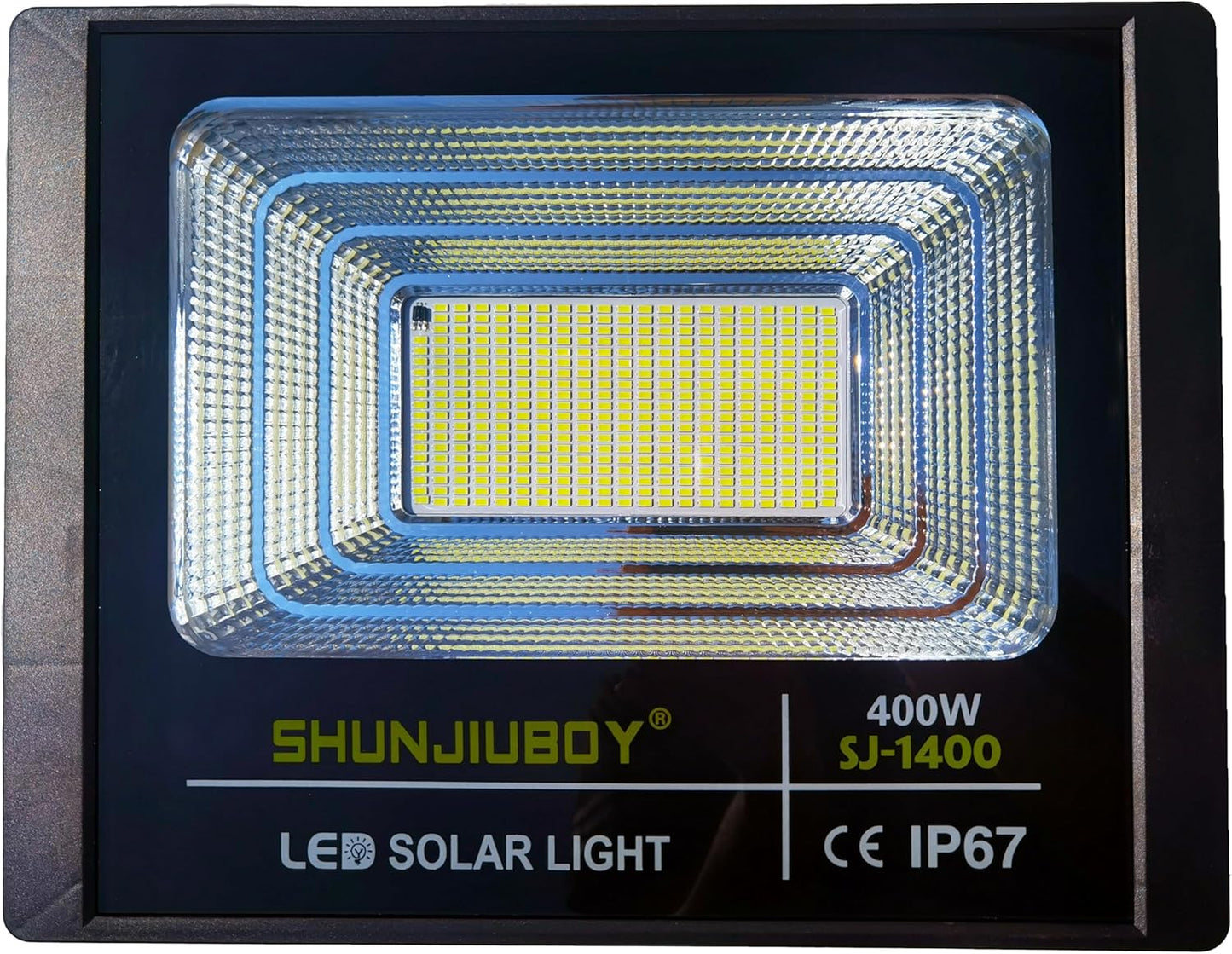 Shunjiuboy Faro LED Solare 400W con Sensore Crepuscolare, Telecomando e Timer, Luce Bianca Fredda 6500K, IP67