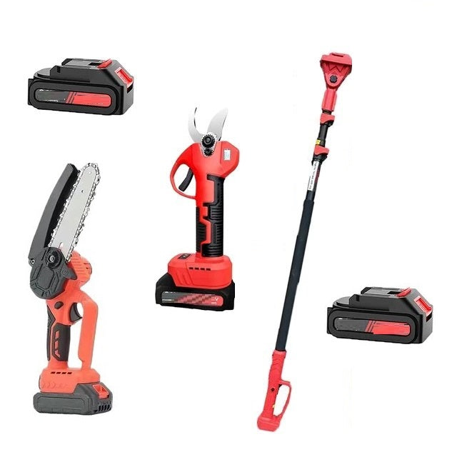 Kit potatura a batterie forbice cesoie con 2 batterie e motosega 6" con asta telescopica