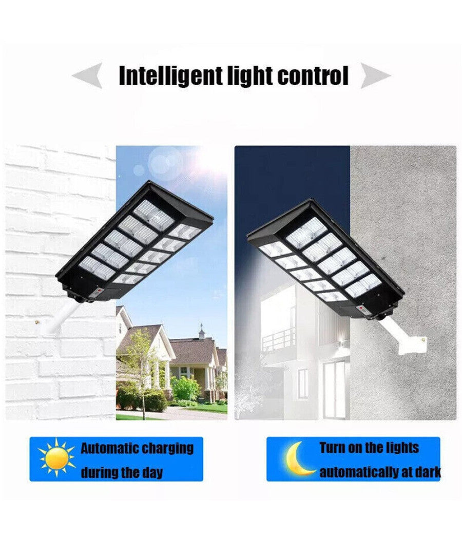 Lampione Solare LED Esterno con Staffa - 1200W, 840 LED, 18000mAh, Telecomando e Sensore di Movimento