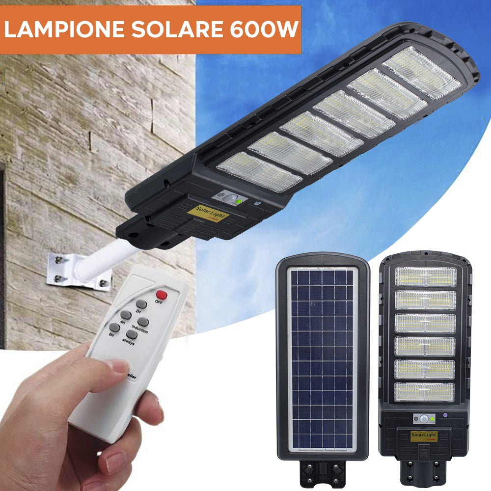 🌞 Faro Lampione Stradale LED Solare 600W – IP66, Sensore Movimento, Telecomando, Installazione Facile