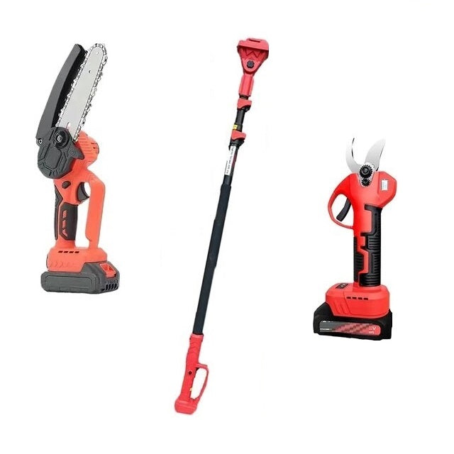 Kit potatura a batterie forbice cesoie con 2 batterie e motosega 6" con asta telescopica