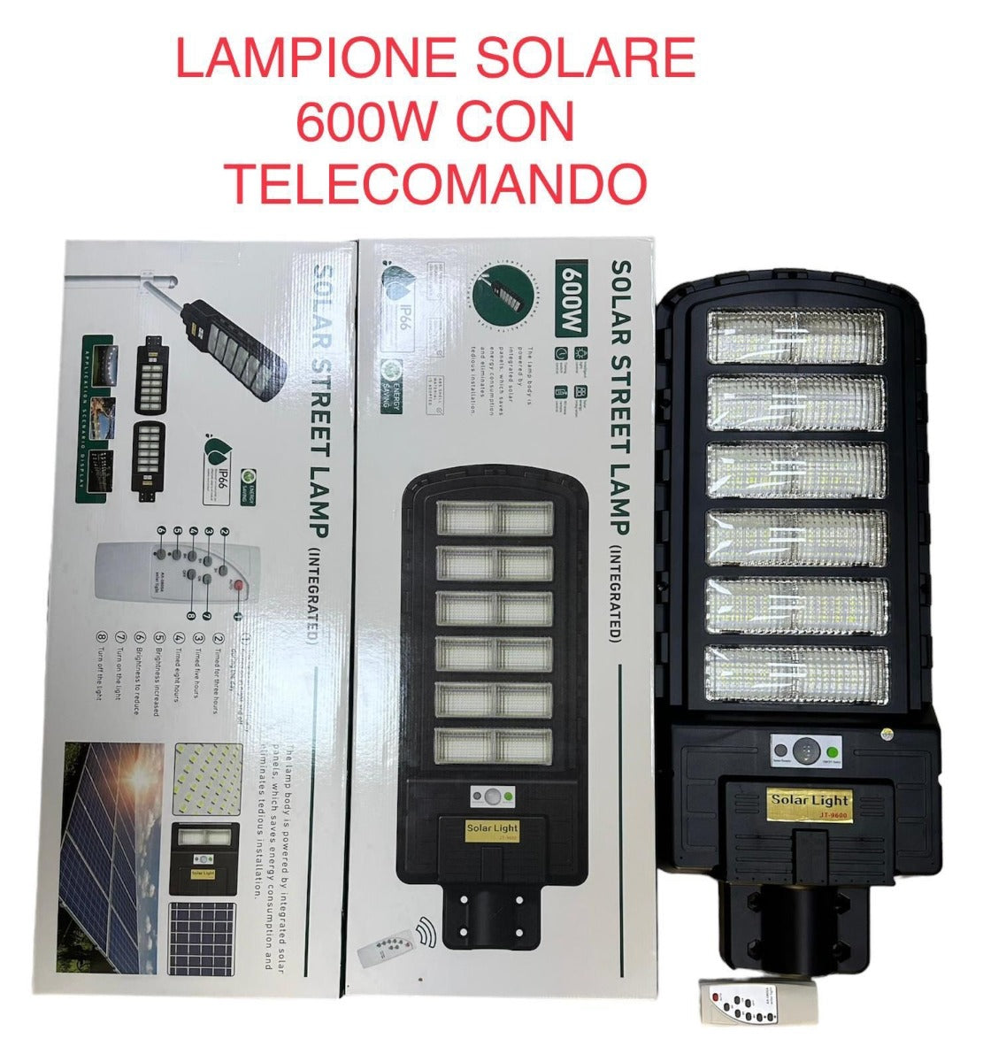 🌞 Faro Lampione Stradale LED Solare 600W – IP66, Sensore Movimento, Telecomando, Installazione Facile