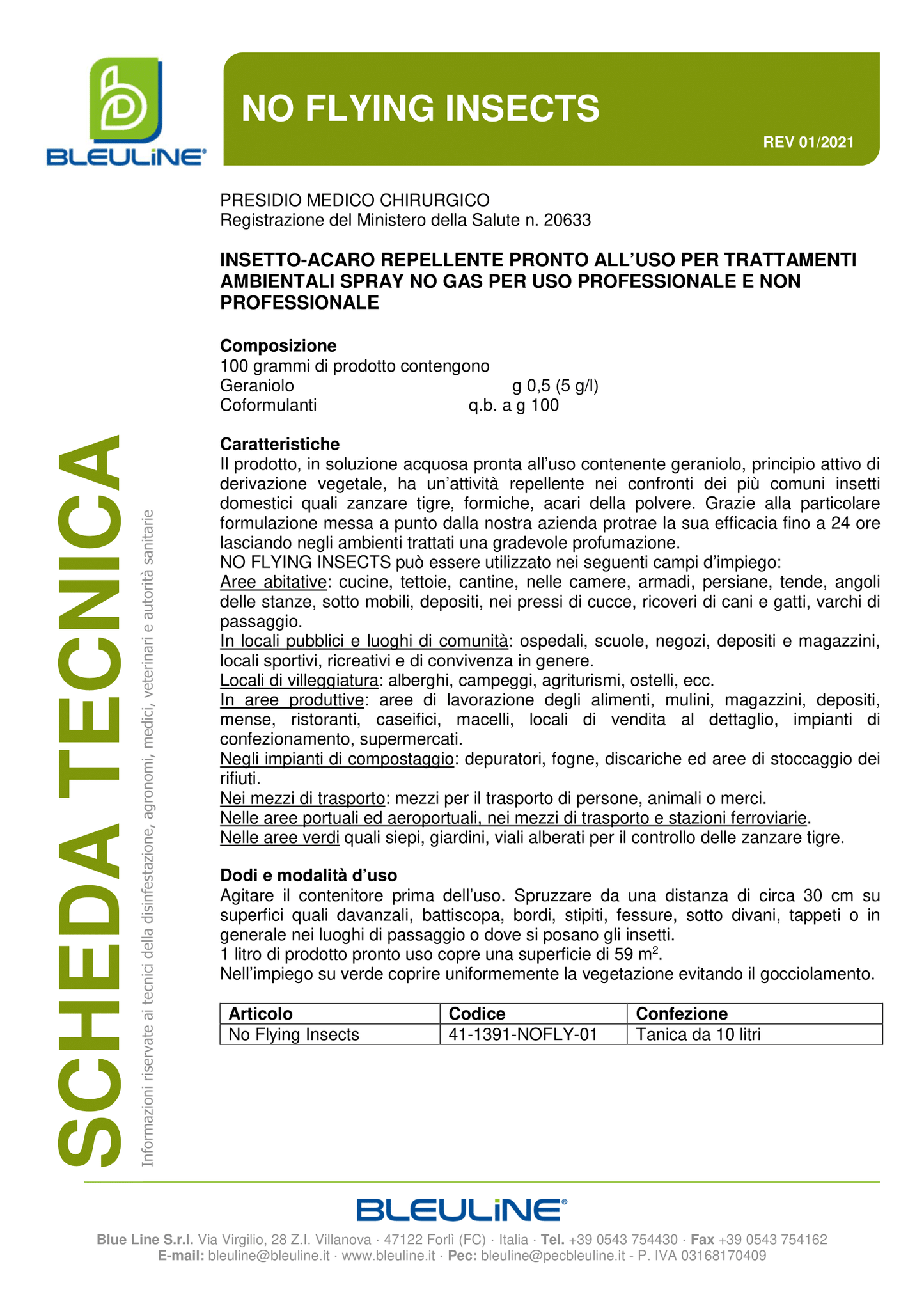 Bleuline Repellente zanzare tigre NO FLYING INSECT - 5 LT ideale per locali pubblici, luoghi di comunità