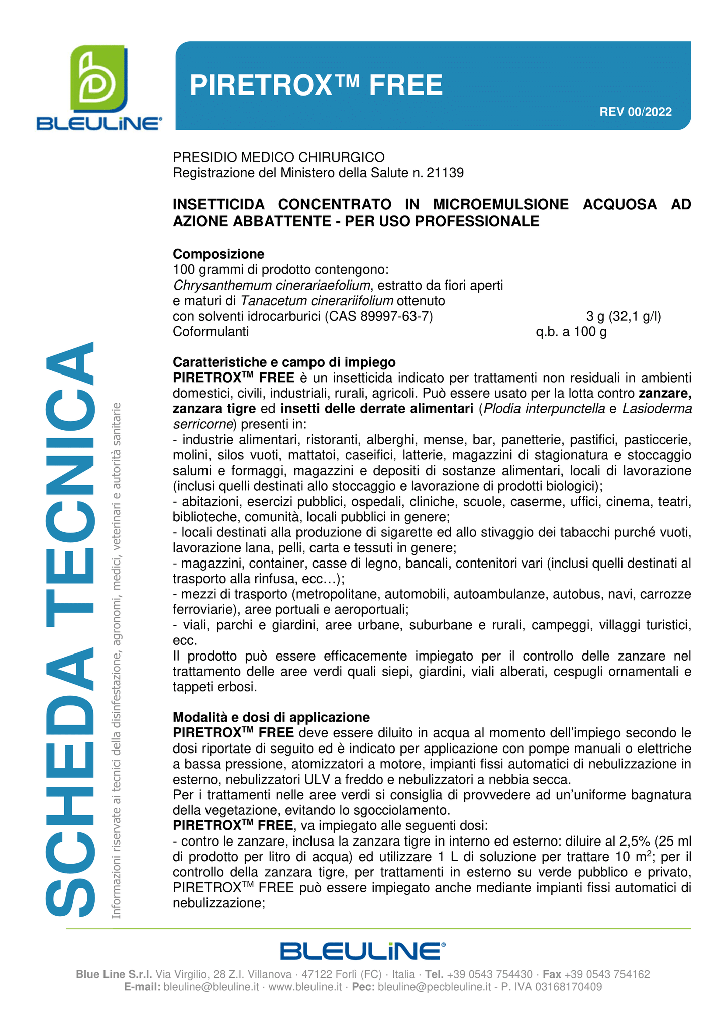 Bleuline Insetticida PIRETROX FREE contro Zanzare e Zanzare tigre