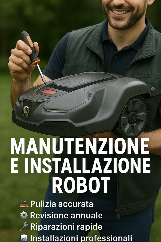 Tecnico sorridente con robot rasaerba in mano. Testo: "Manutenzione e installazione robot" con elenco servizi: pulizia, revisione, riparazione, installazione.