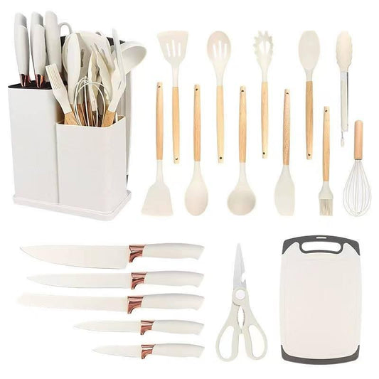 Set di 19 Utensili da Cucina in Silicone – Resistenti al Calore, Antiaderenti e Delicati sulle Pentole (Bianco)