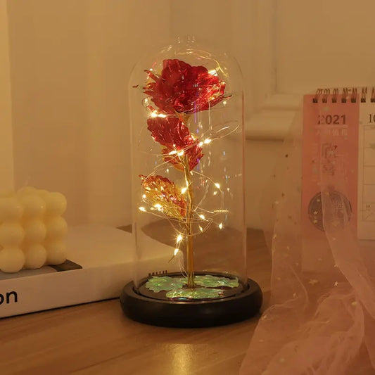 Rosa eterna a cloche con luci a LED per San Valentino con coperchio in vetro
