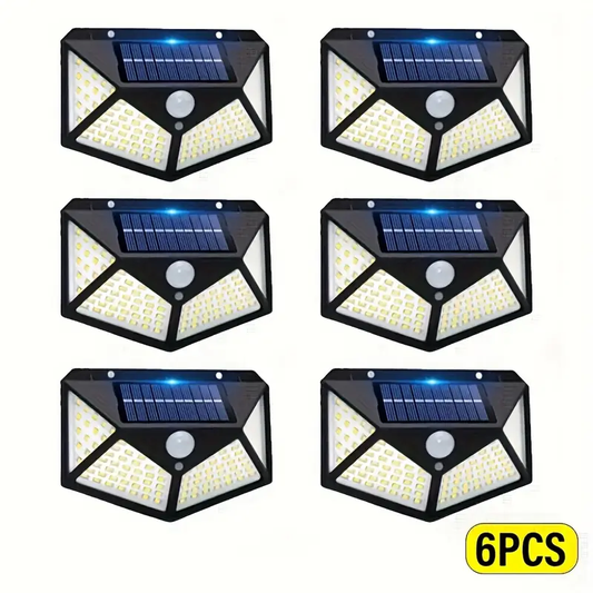 🌞 Kit 6 Luci Solari a LED con Sensore di Movimento – 100 LED, IP65, Copertura 270°