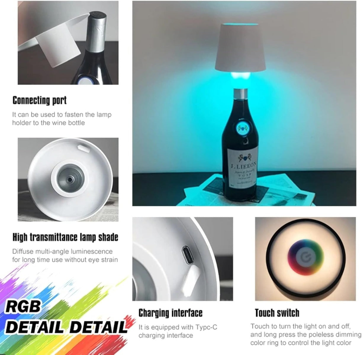 Lampada LED a Bottiglia Dimmerabile con Controllo Tattile, Ricaricabile USB-C, Luce Bianca Calda 3000K per Interni ed Esterni -