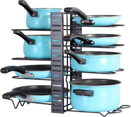 Organizzatore per Pentole e Padelle con 8 Livelli, Supporti Regolabili per Coperchi e Design Personalizzabile