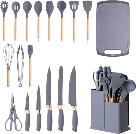 Set di Utensili da Cucina e Coltelli da Cucina da 19 Pezzi in Silicone con Manico in Legno (Grigio)